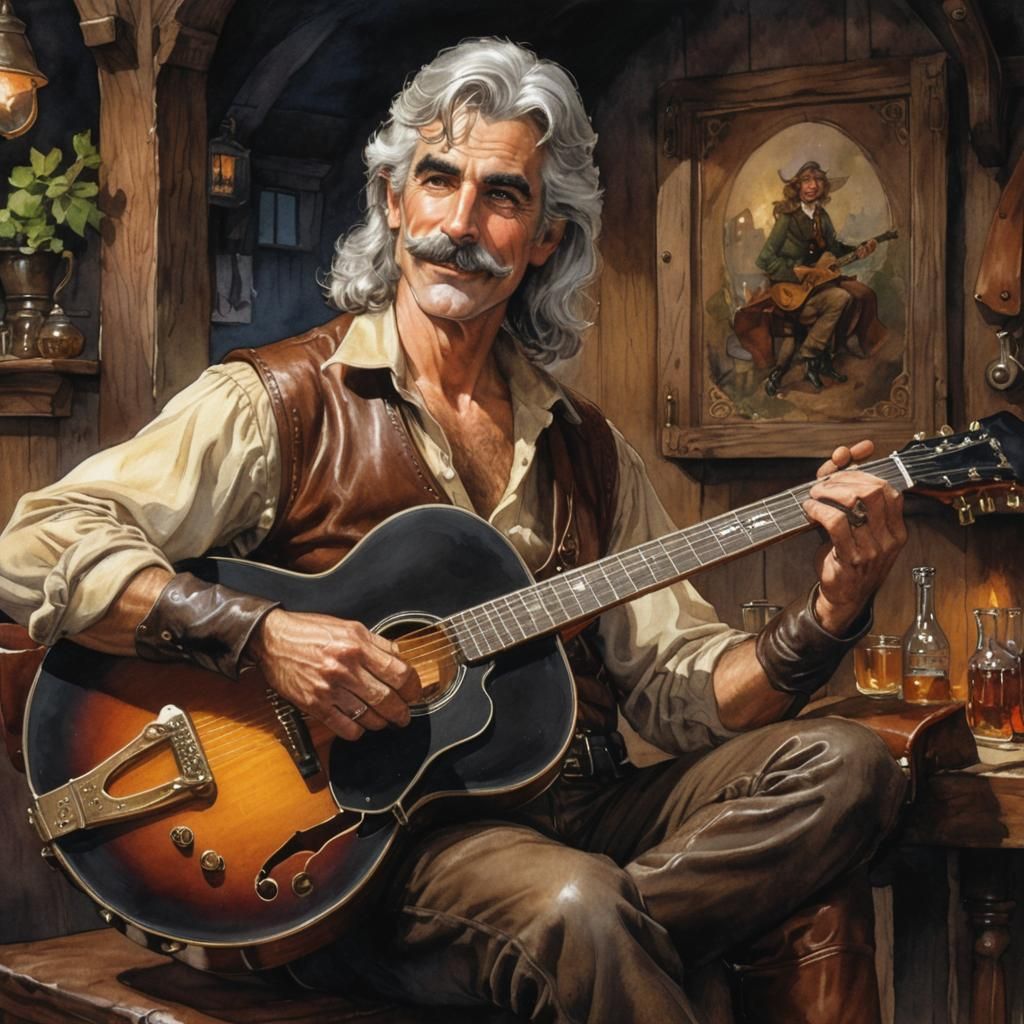 Sam Elliott Elf Plays Guitar: Storybook Illustration