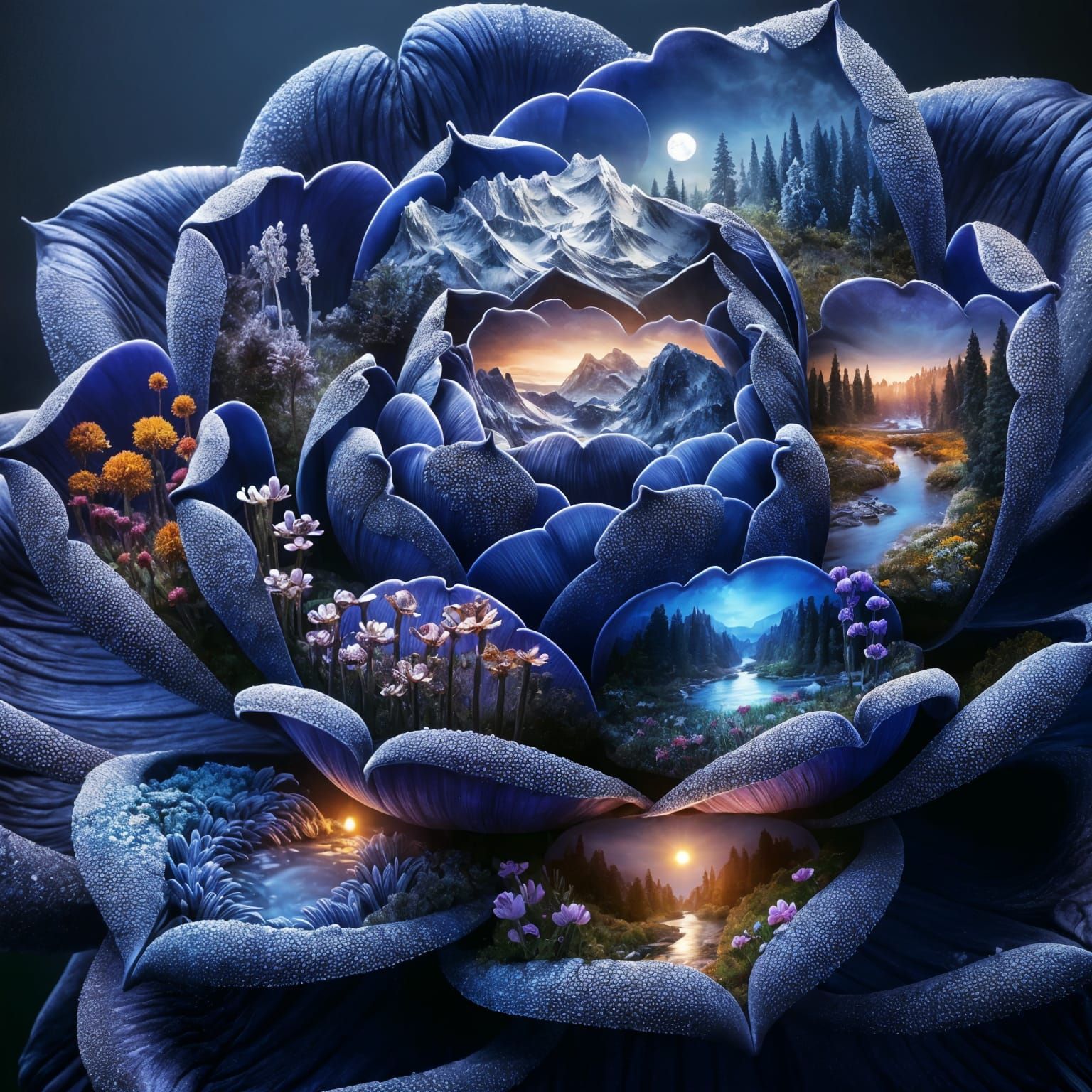 Indigo Flower with Miniature Seasonal Landscapes