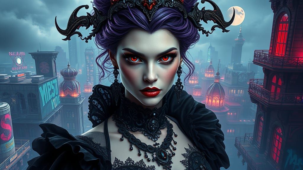 Queen Vampiress in a Dark Gothic Cityscape