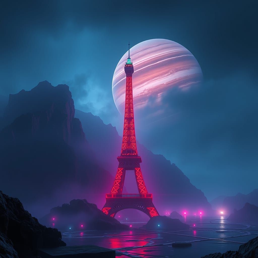 Eiffel Tower Illuminated by Neon Lights in a Futuristic Berg...