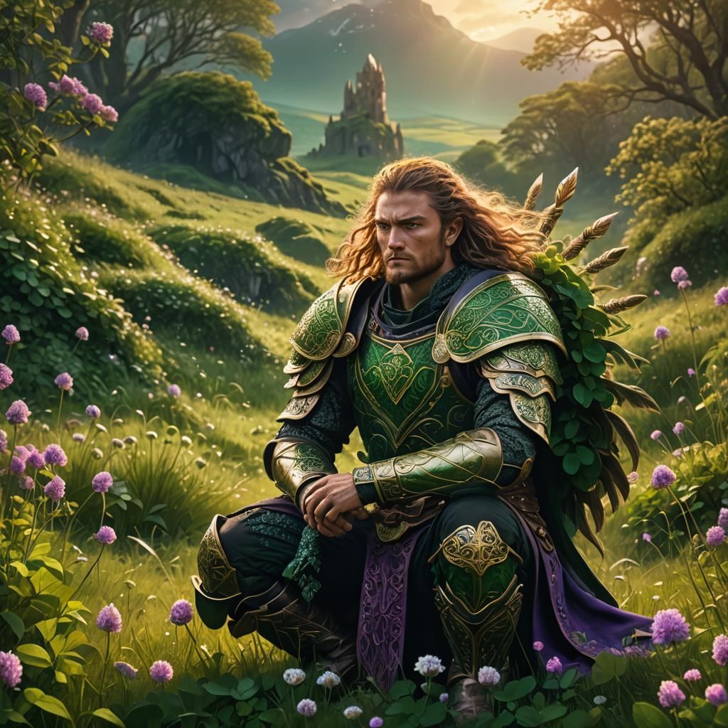 Mythical Irish Warrior in Clover Field, Digital Art