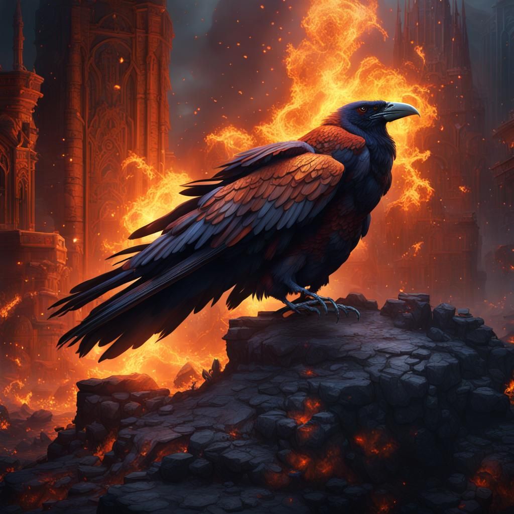 Fantastical Fire Raven in Detailed Matte Painting