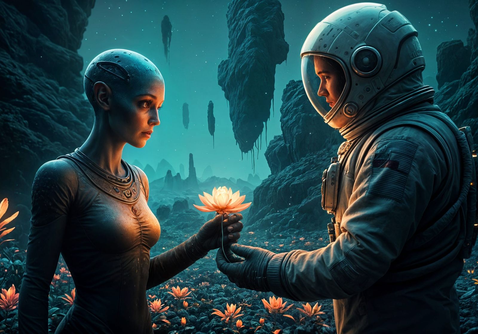 Alien Encounter in a Vibrant Cosmic Landscape