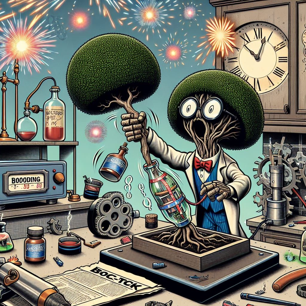 Humanoid Bonsai Tree Scientist in Whimsical Laboratory