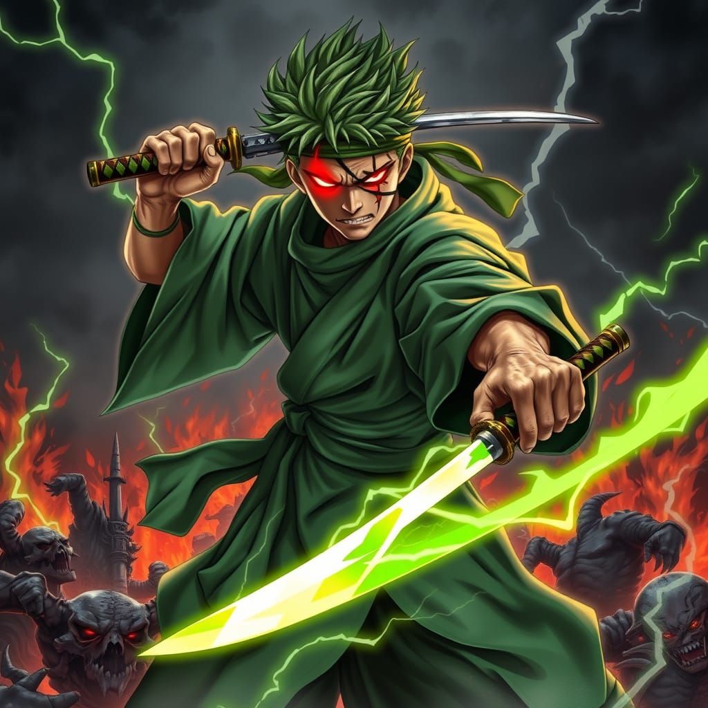 Fierce Swordsman with Lightning Blades in Dark Theme