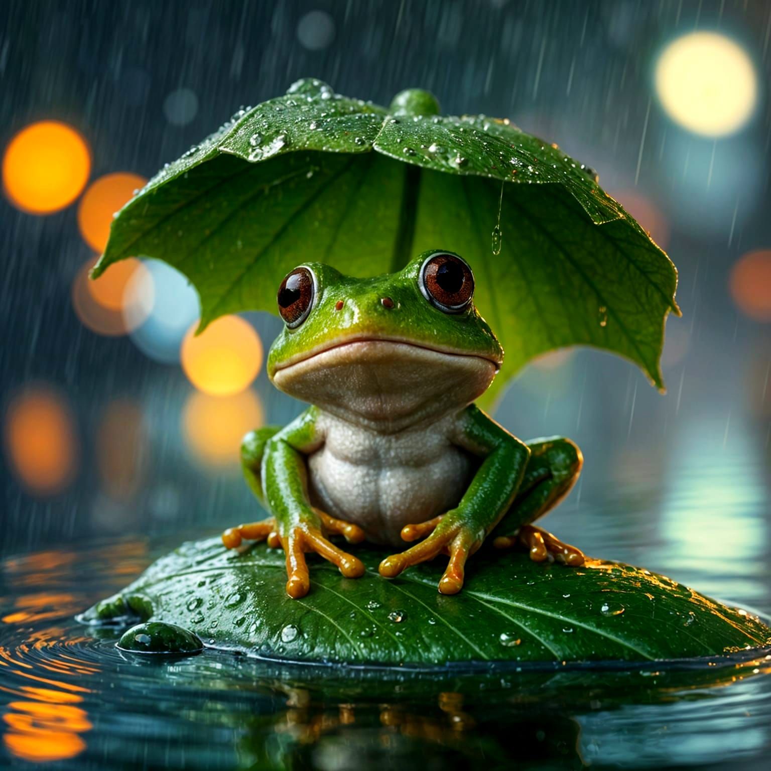 Whimsical Frog Finds Shelter in Rainy Night