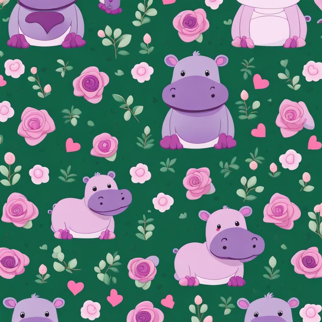 Cartoon Hippos and Roses Fabric Pattern