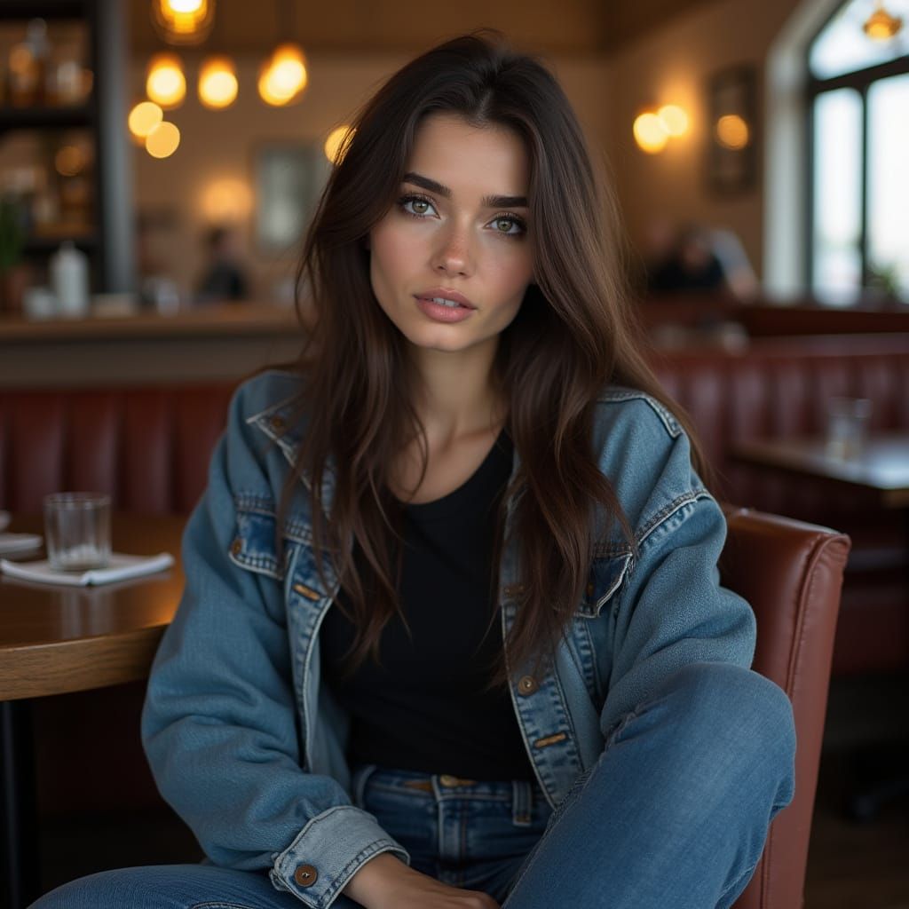 Young Brunette Woman Sitting in a Cafe