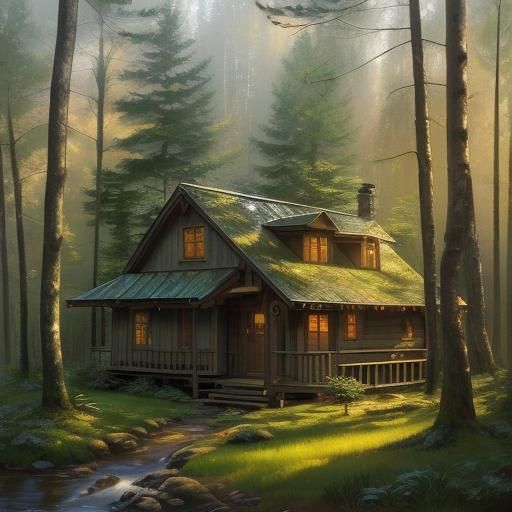 Cozy Cabin in Forest: Impressionist Style