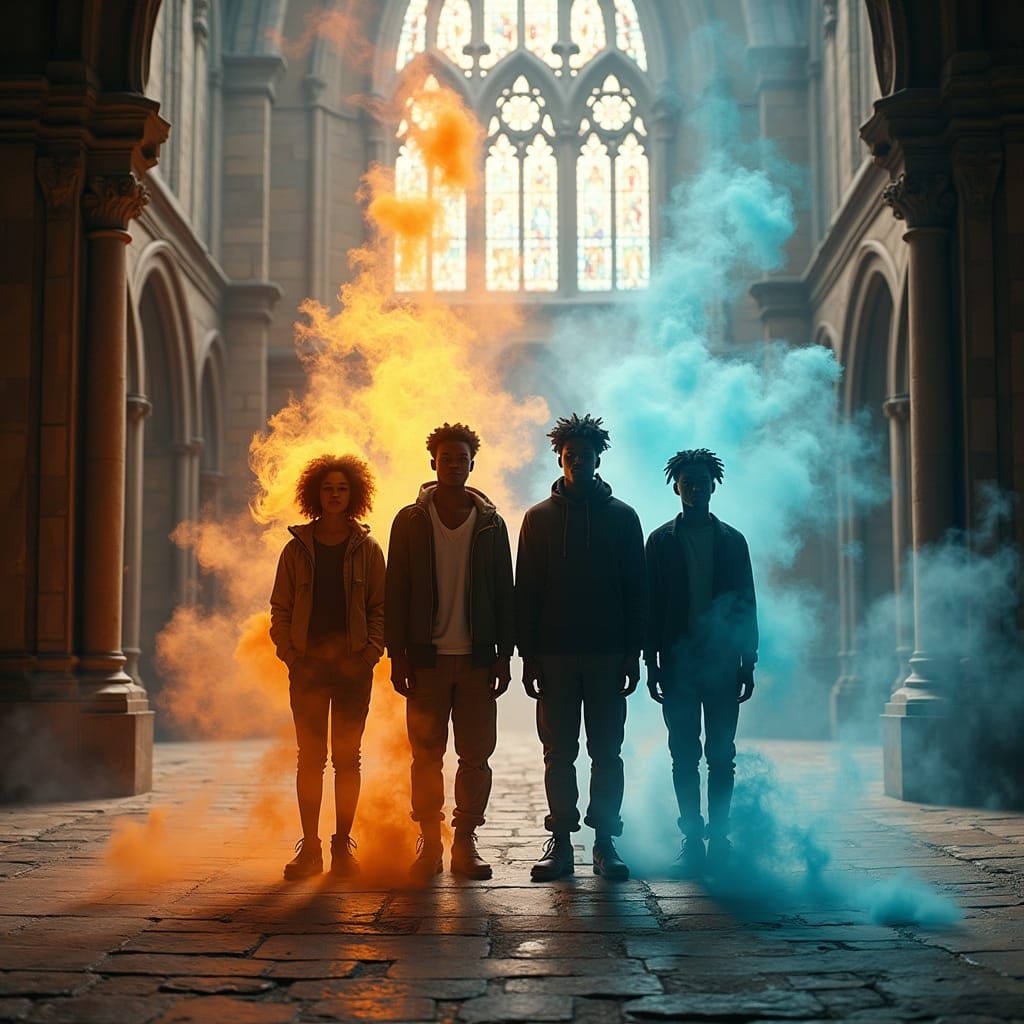 Teenage Heroes Surrounded by Elemental Magic in a Majestic C...