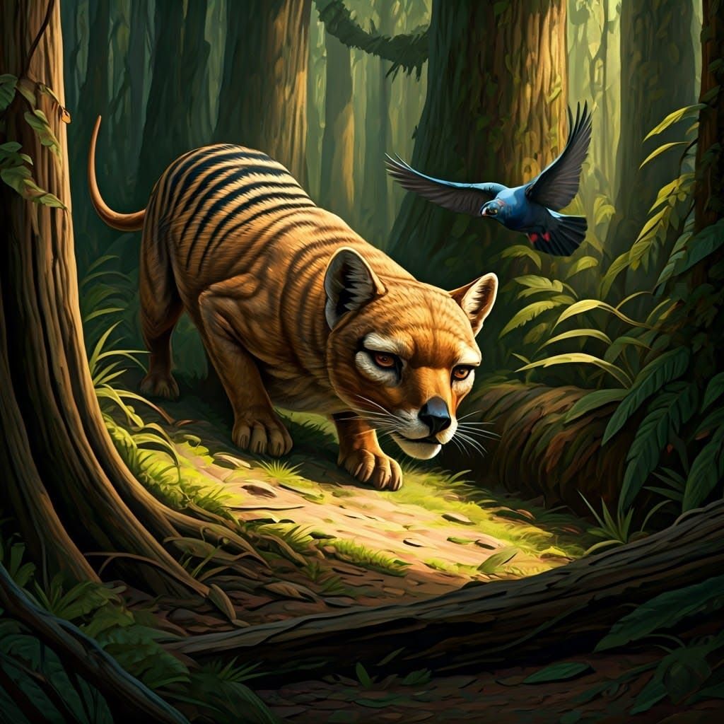 Tasmanian Tiger Hunts Passenger Pigeon in a Vibrant, Dynamic...