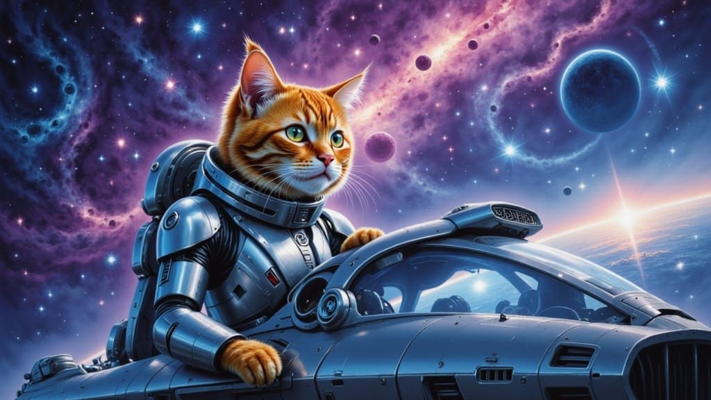 Imagine sci-fi cat piloting a spaceship in the cosmos