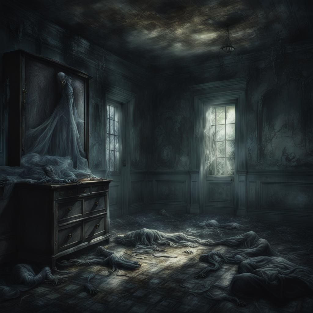 Ghostly Apparitions in Abandoned Mansion: Horror Art