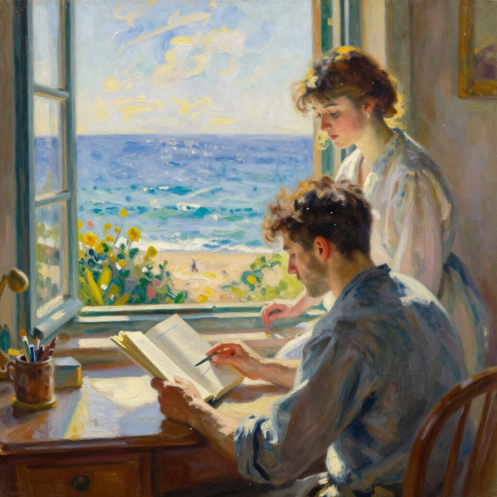 Man Reading by Window in Warm Oil Painting Style