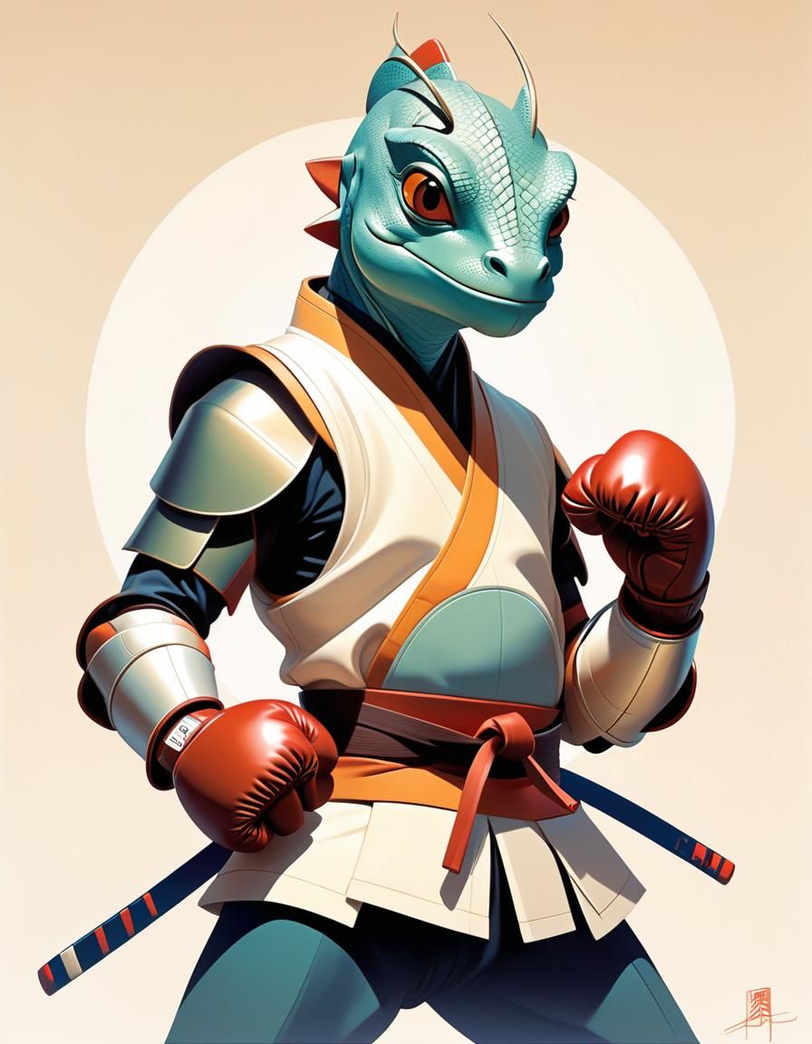 Lizard Samurai in Minimalist Vector Art Style