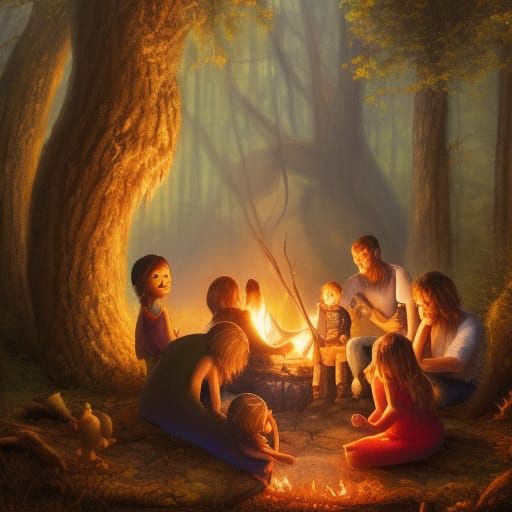 Family Campfire Gathering in Deep Woods, Oil Painting