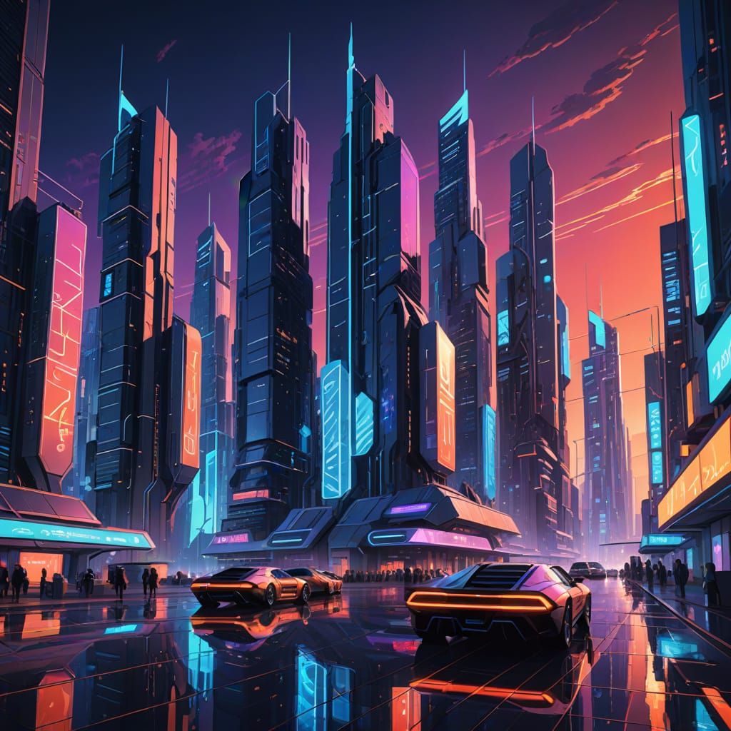 Futuristic Metropolis at Dusk in Digital Art Style