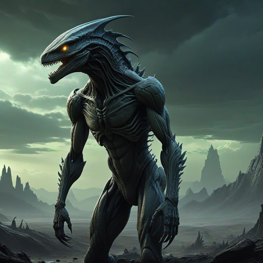 Reptilian Alien on Desolate Planet in Giger Beksinski Style