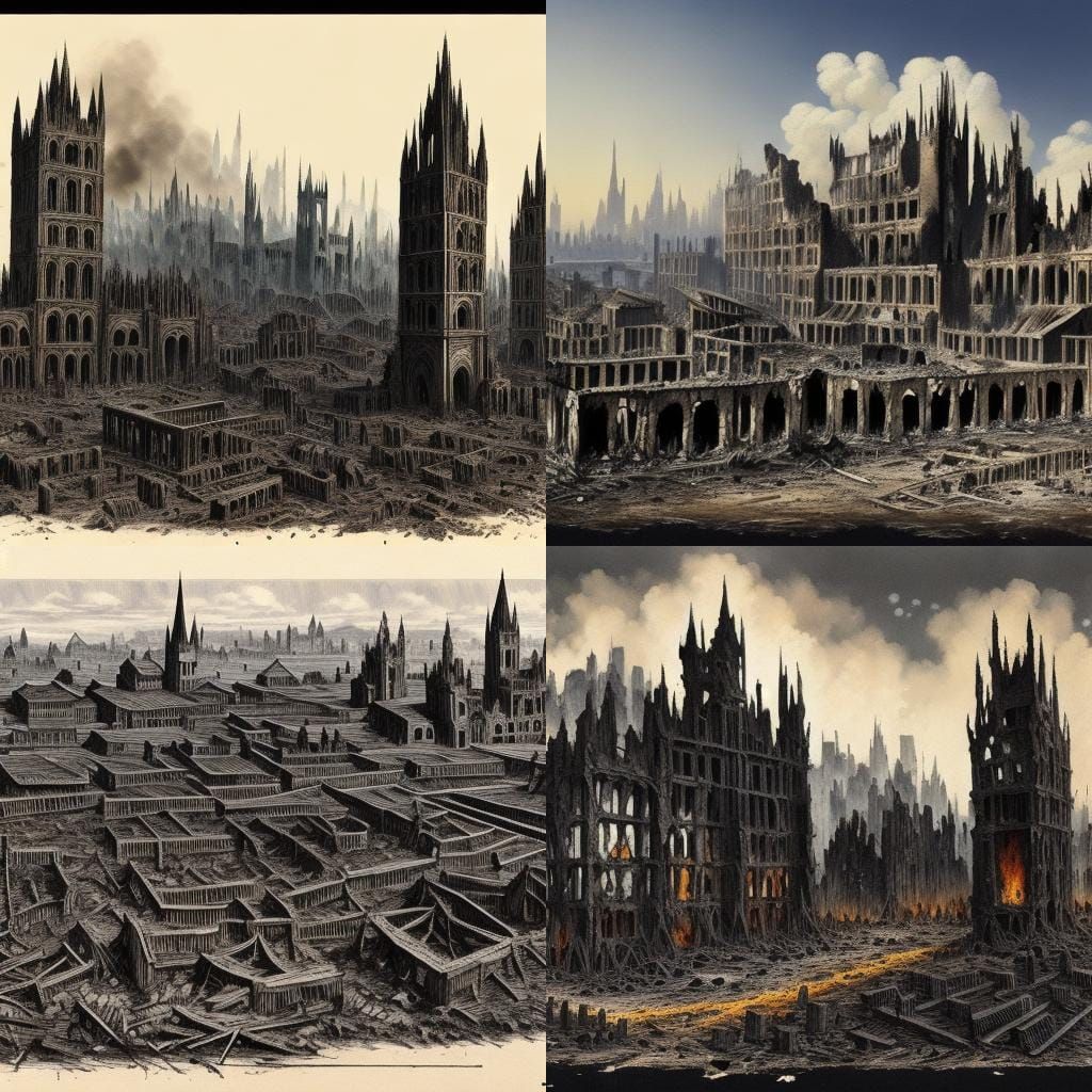 Ruins of a Medieval Town Fire: Black and White Sketch