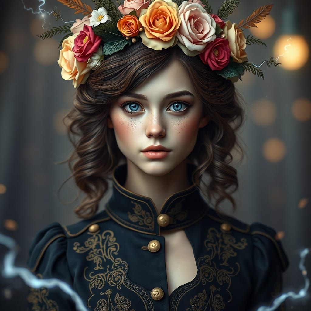 Elegant Fantasy Woman with Floral Headpiece and Steampunk Ac...