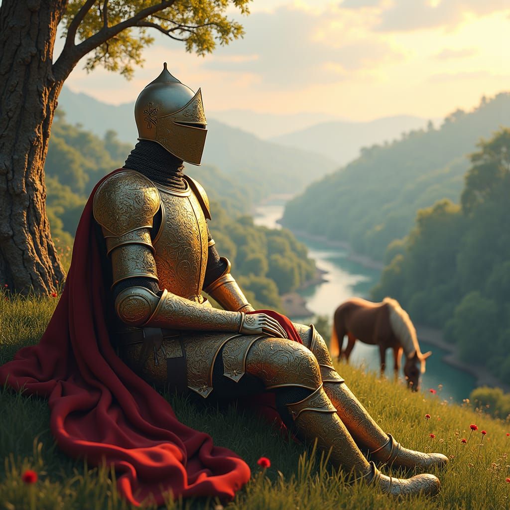 Knight Overlooking River Valley in Fantasy Landscape