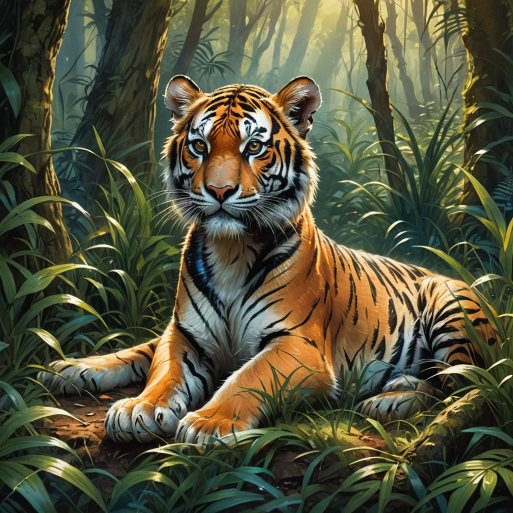 Fantasy Tiger Cub in Forest, Detailed Matte Painting