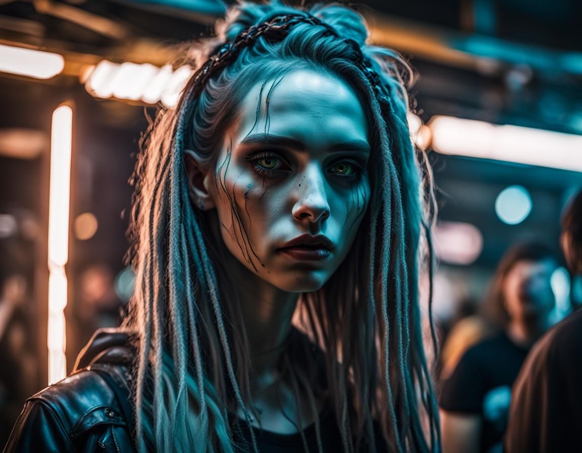 Cyberpunk Rave Girl Portrait with Piercing Eyes