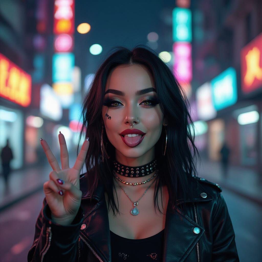 Cheeky Emo Girl Winks in Futuristic Cyberpunk City