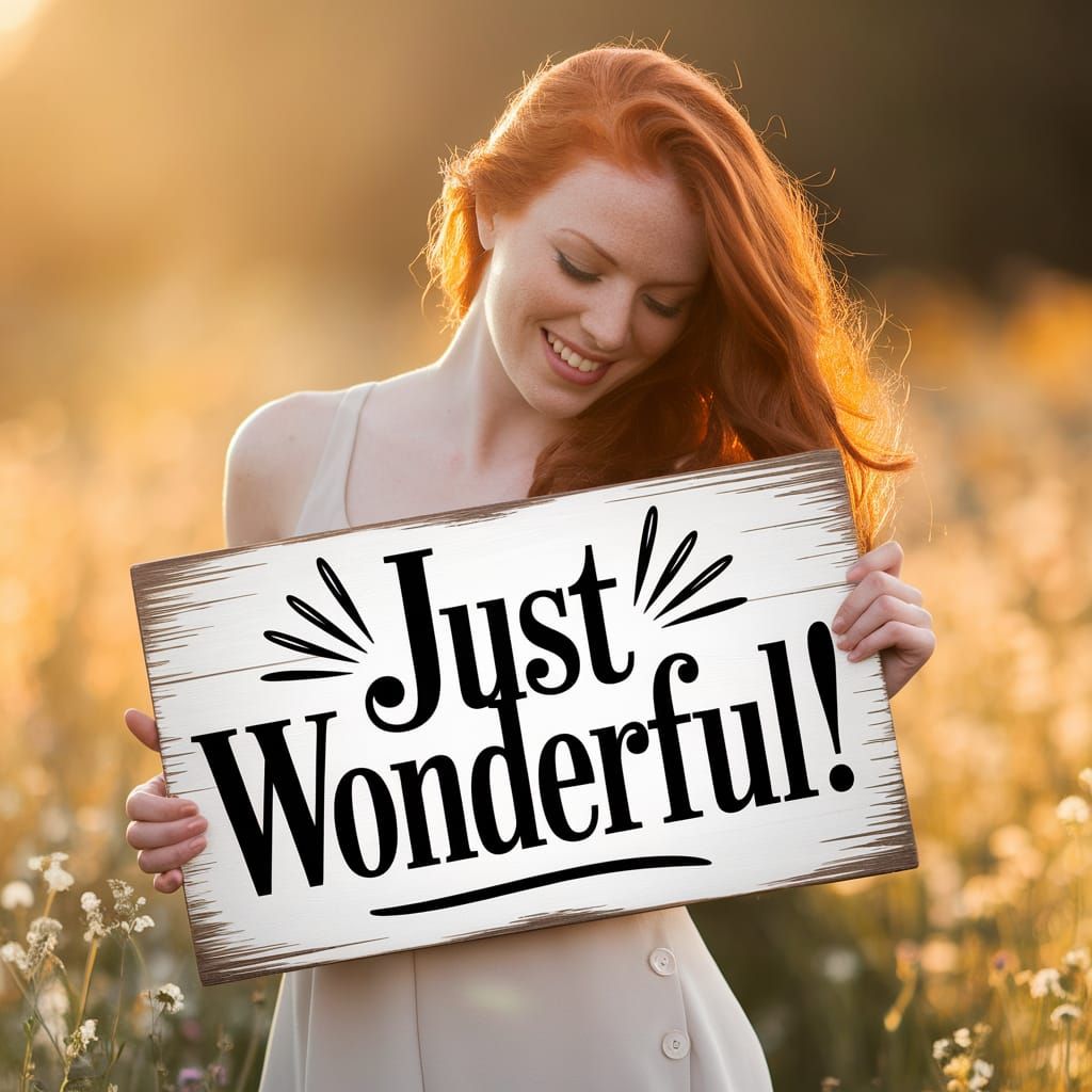 Redhead in Sunlit Field Holding Sign