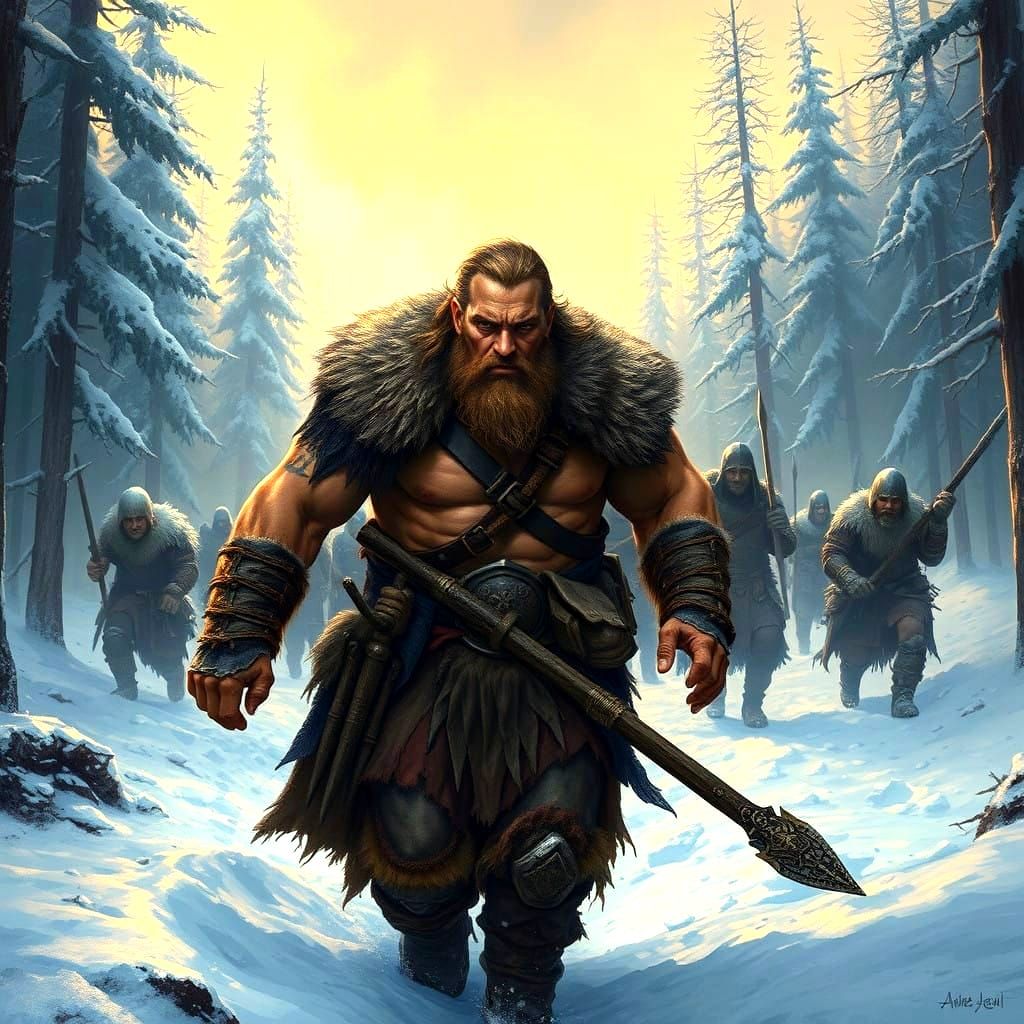 Barbarian Warlord Leads Warriors Through Dark Frozen Landsca...