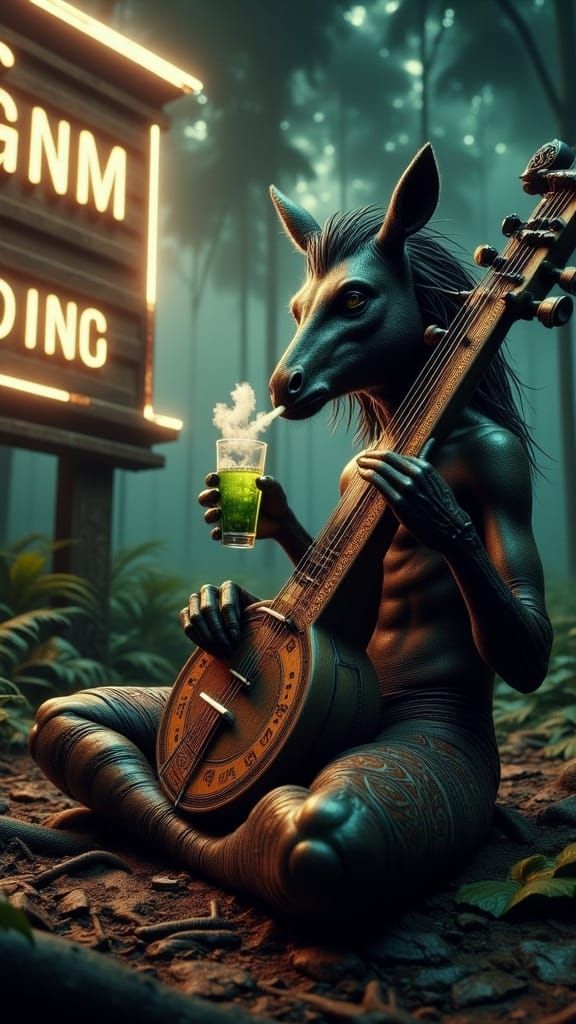 In a dimly lit, dystopian tribal jungle grove, a humanoid figure ...