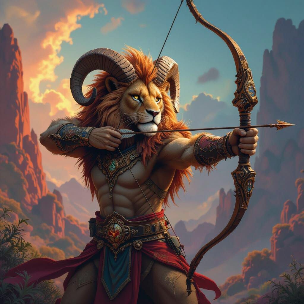 Mythical Lion-Ram Hybrid Archer in Detailed Matte Painting