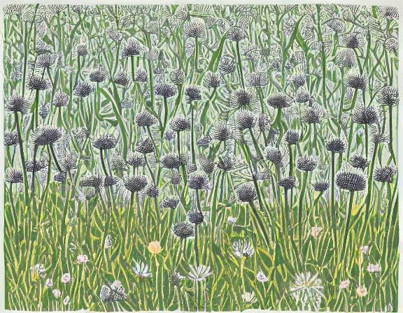 Dandelion Meadow in Hand-Colored Linoprint Style