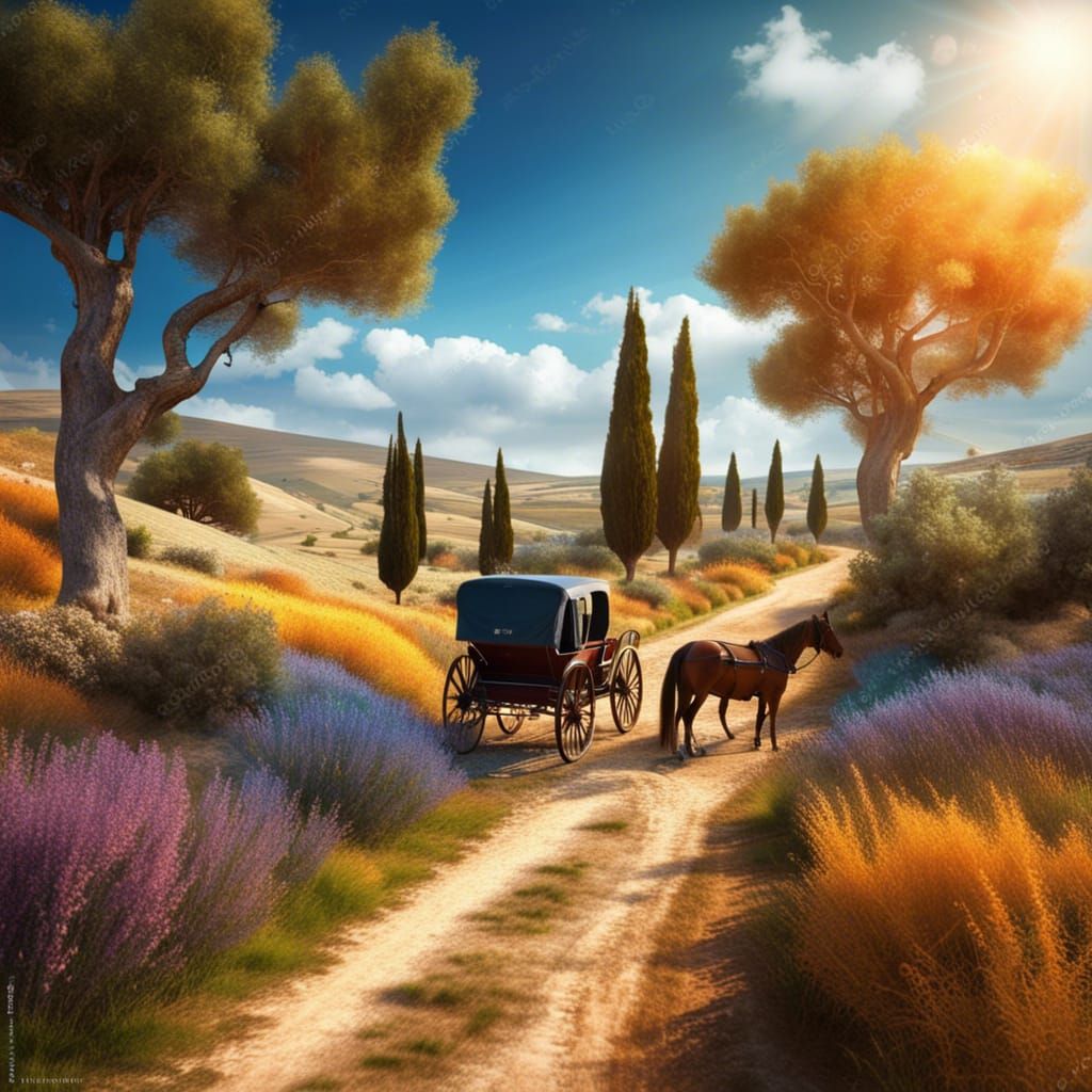 Sunny Anatolian Landscape with Horse and Buggy