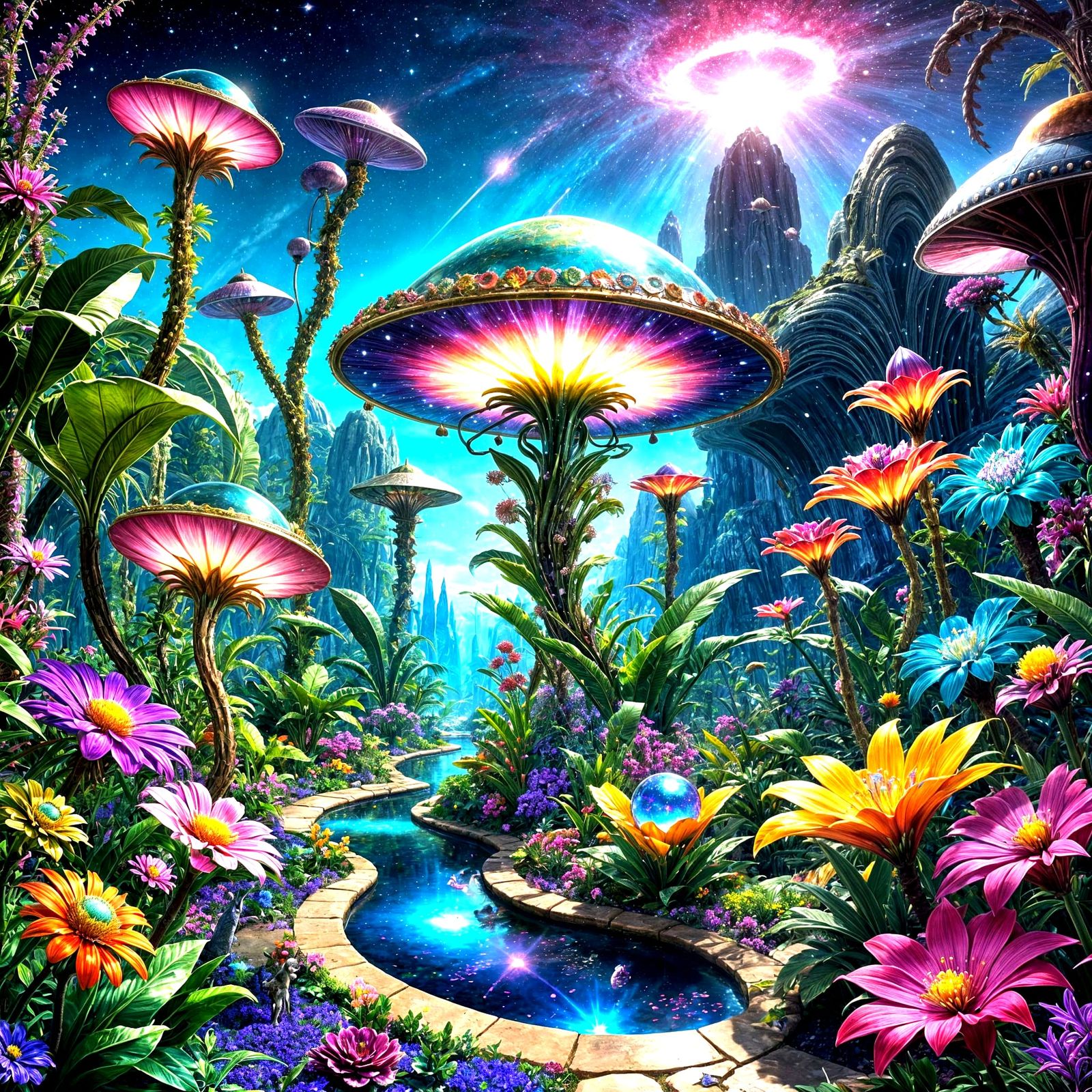 Bejeweled Galactic Oasis with Alien Blooms