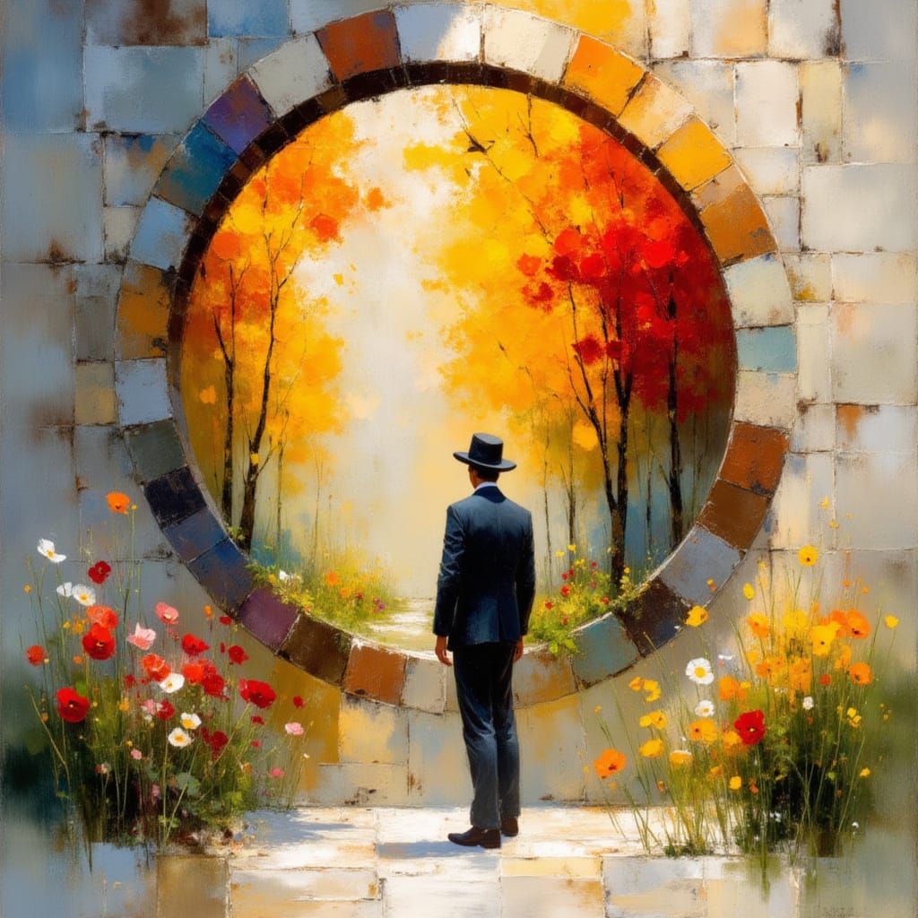 A Man Stands Before a Vibrant Timeless Portal in a Dreamlike...