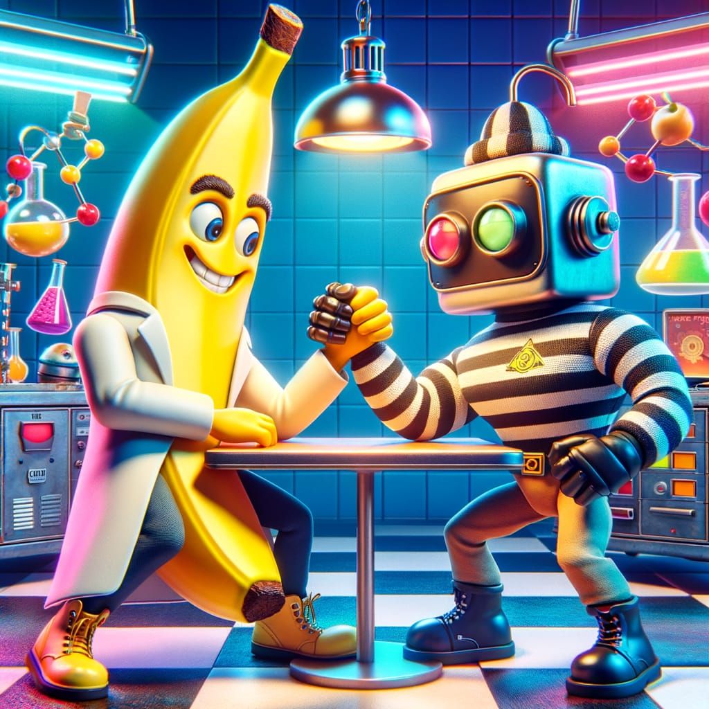 Banana Character Arm Wrestles Retro Robot in Lab