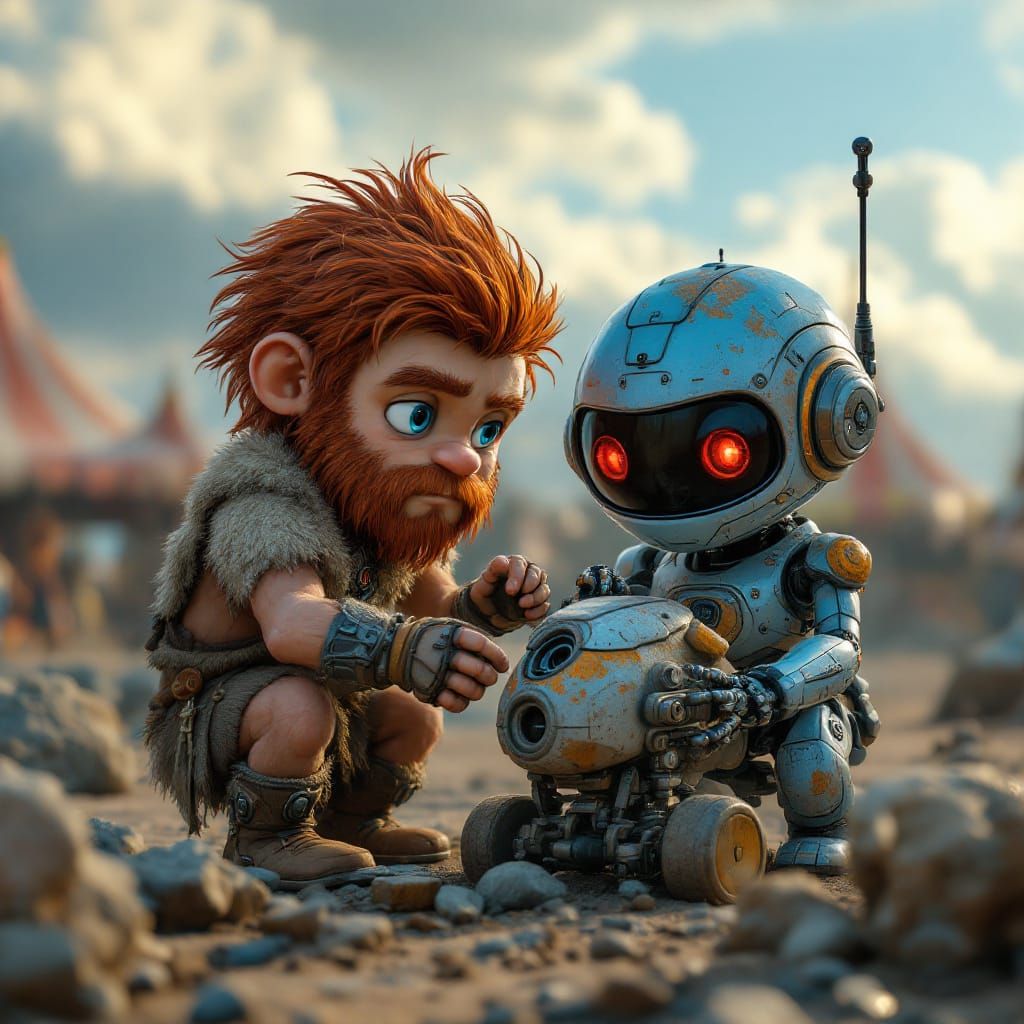Chibi Neanderthal & Robot with Retro-Futuristic Car