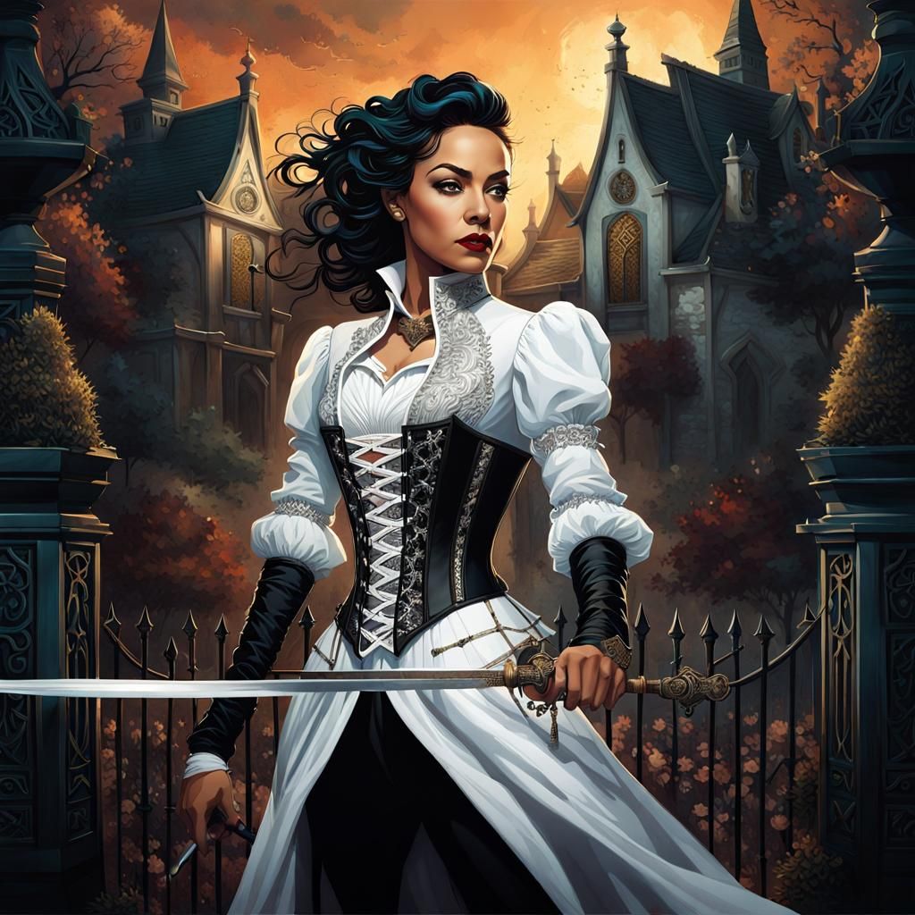 Dark Fantasy Swordswoman in Gothic Village Illustration