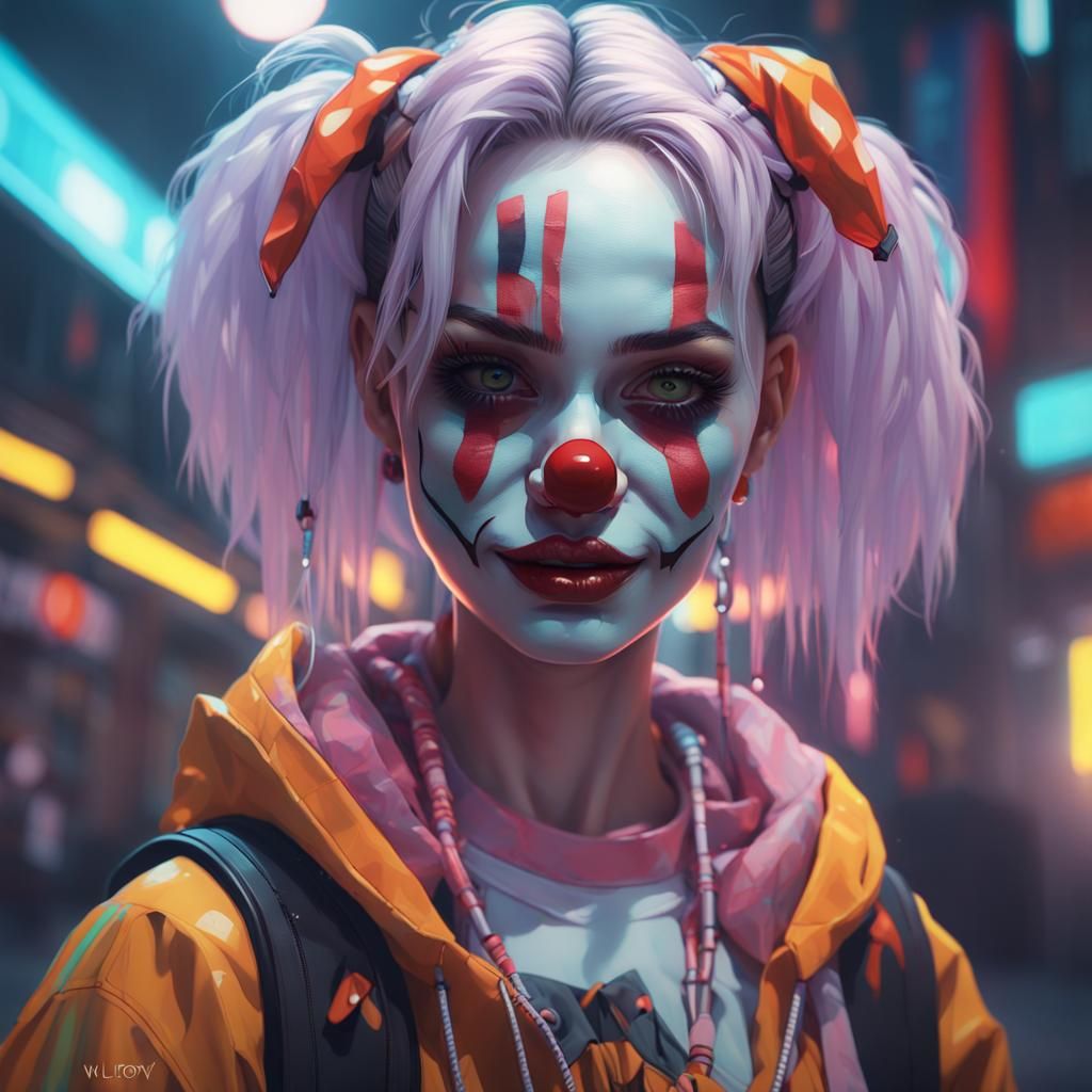 Creepy Clown Girl in Cyberpunk Style, Detailed Portrait