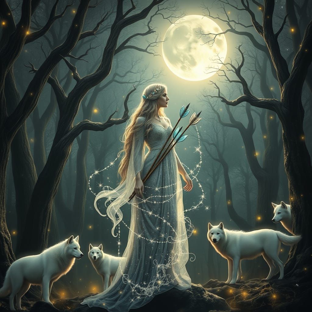 Artemis Goddess of the Hunt Under Radiant Crescent Moon
