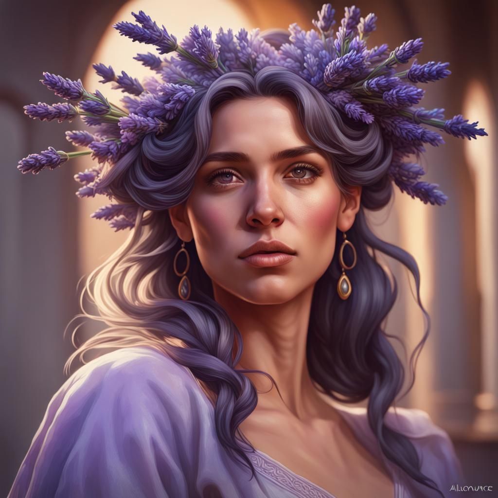Woman with Lavender Flowers, Hyperdetailed Portrait