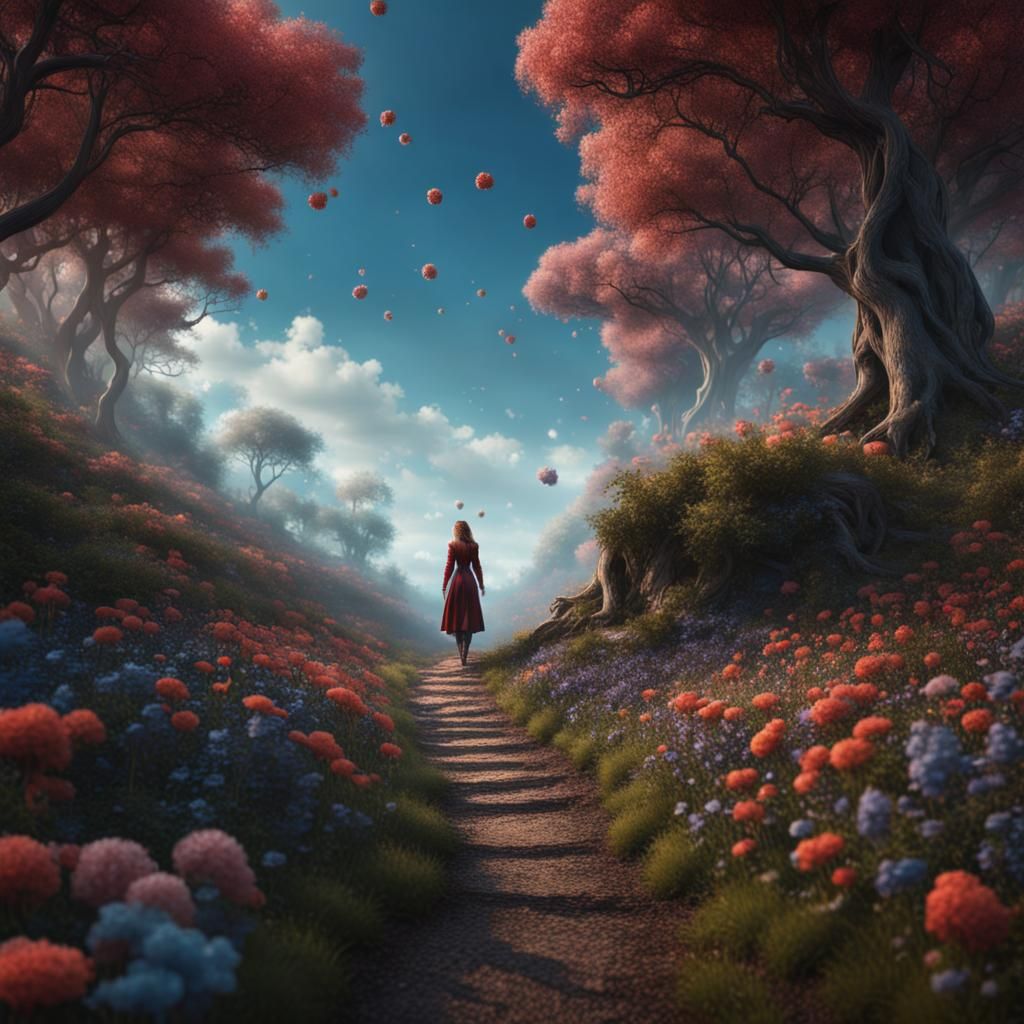 Woman's Mystical Journey Through Floral Woods