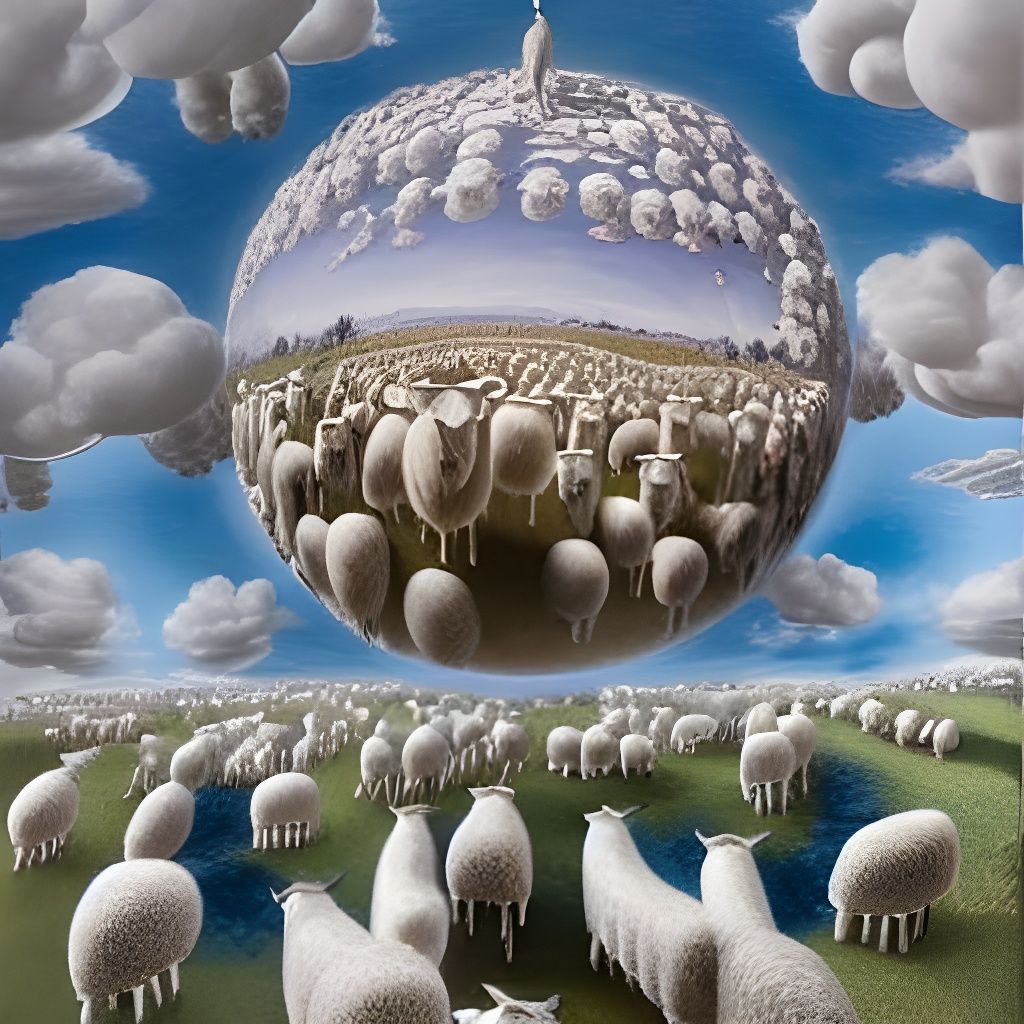 Surreal Sphere of Sheep Over Village
