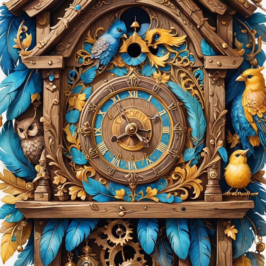 Whimsical Cartoon Cuckoo Clock Watercolor Illustration