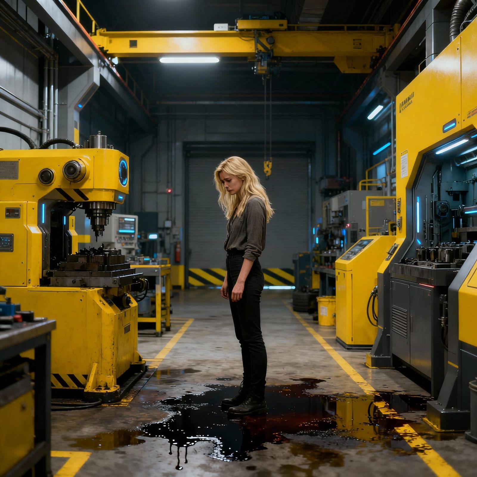 Sad Woman in Futuristic Machine Shop
