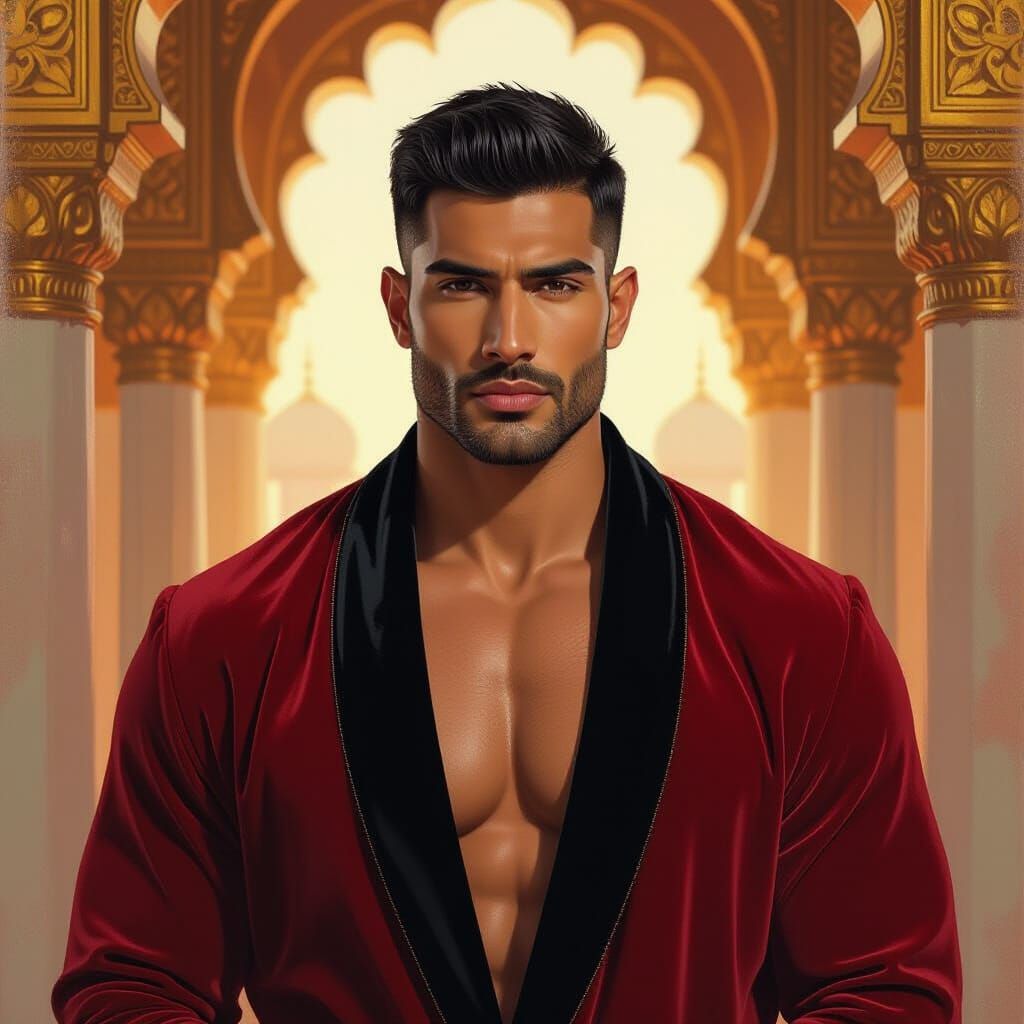 Indian Man in Red Velvet Bathrobe, Mosque Setting