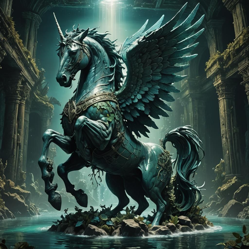 Submerged Pegasus Statue in Dark Fantasy Style