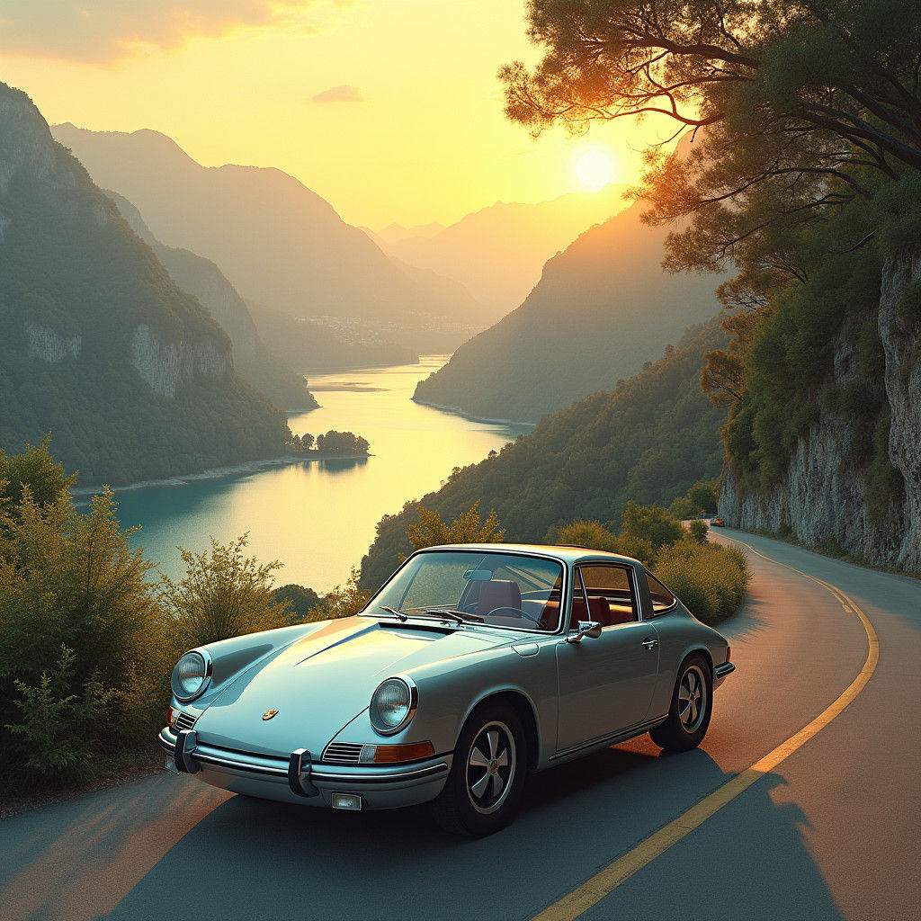Porsche 912 Targa on Mountain Road in Futuristic Realism