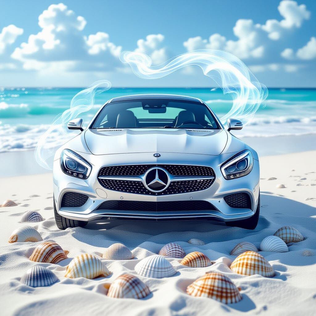 Mercedes-Benz Logo on Beach with Ethereal Mist